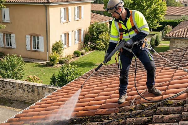 Artisan appliquant un traitement de nettoyage et démoussage hydrofuge sur une toiture encrassée