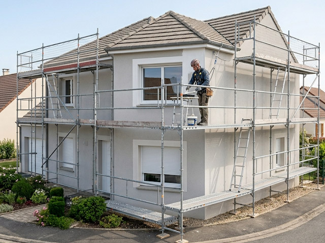 Travaux de ravalement de façade et application de peinture extérieure protectrice sur mur de clôture et habitation
